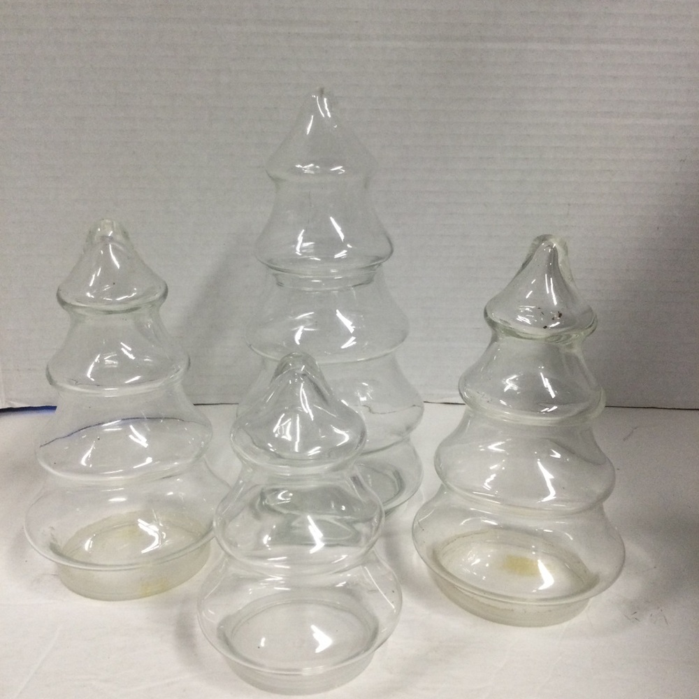 Set of 4 Vintage Clear Glass Christmas tree-shaped candy jars or apothecary